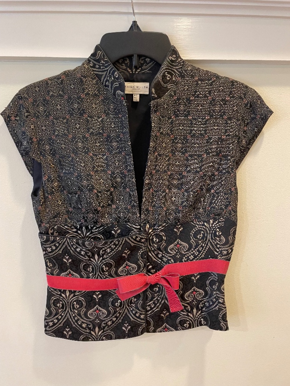 Karen Millen Jacquard Mandarin Collar Top Velvet Bow Black Gold US 4